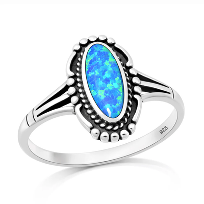 Sterling Silver Oxidized And Polished Vintage Boho Blue Lab Opal Ring