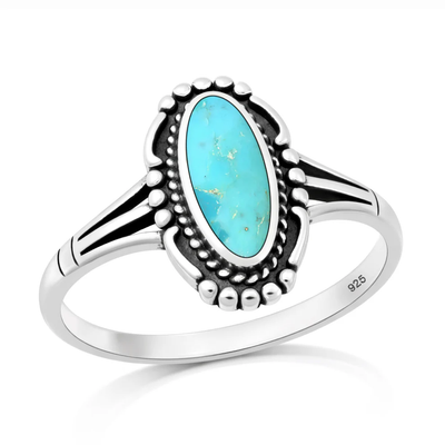Sterling Silver Oxidized And Polished V Shaped Turquoise Stone Ring