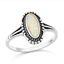 Load image into Gallery viewer, Sterling Silver Oxidized And Polished Vintage Boho White Lab Opal Ring