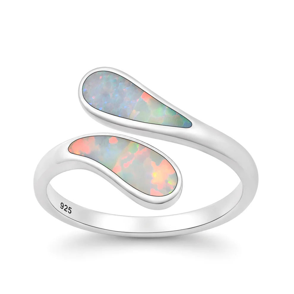 Sterling Silver Oxidized And Polished Wrap White Lab Opal Ring