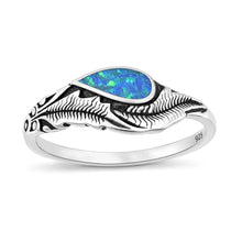 Load image into Gallery viewer, Sterling Silver Oxidized And Polished Feathers Blue Lab Opal Ring