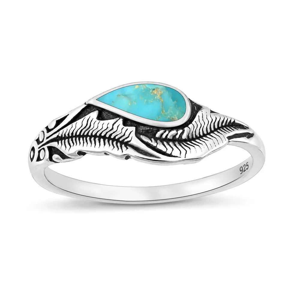 Sterling Silver Oxidized And Polished Feathers Turquoise Stone Ring