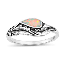 Load image into Gallery viewer, Sterling Silver Oxidized And Polished Feathers White Lab Opal Ring