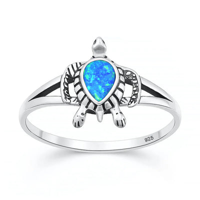 Sterling Silver Oxidized And Polished 13mm Turtle Blue Lab Opal Ring
