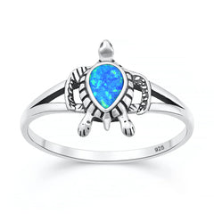 Sterling Silver Oxidized And Polished 13mm Turtle Blue Lab Opal Ring