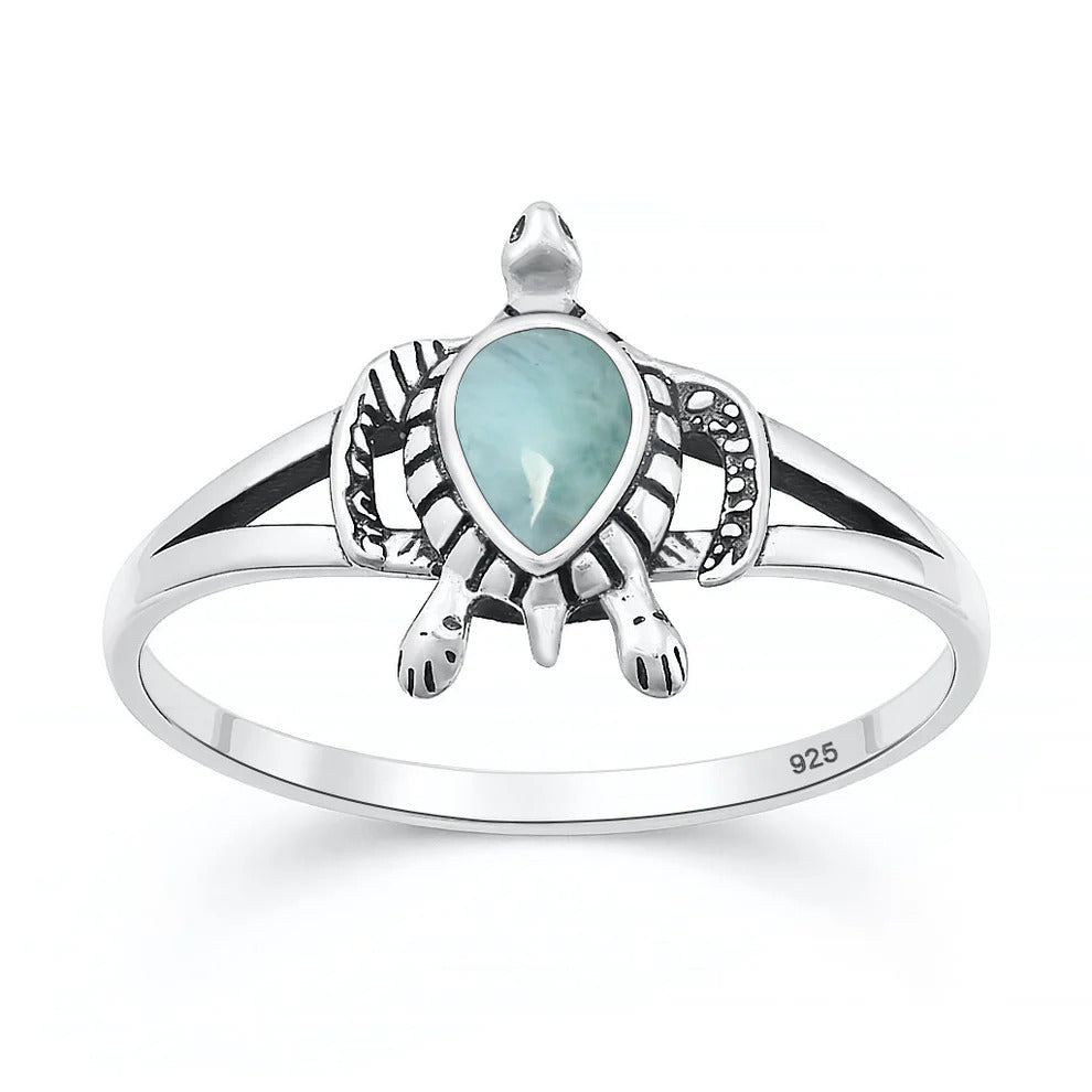 Sterling Silver Oxidized And Polished 13mm Larimar Stone Turtle Ring