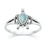 Sterling Silver Oxidized And Polished 13mm Larimar Stone Turtle Ring