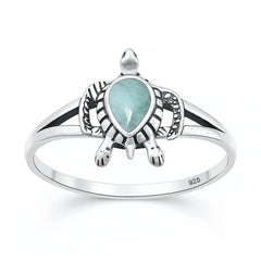 Sterling Silver Oxidized And Polished 13mm Larimar Stone Turtle Ring