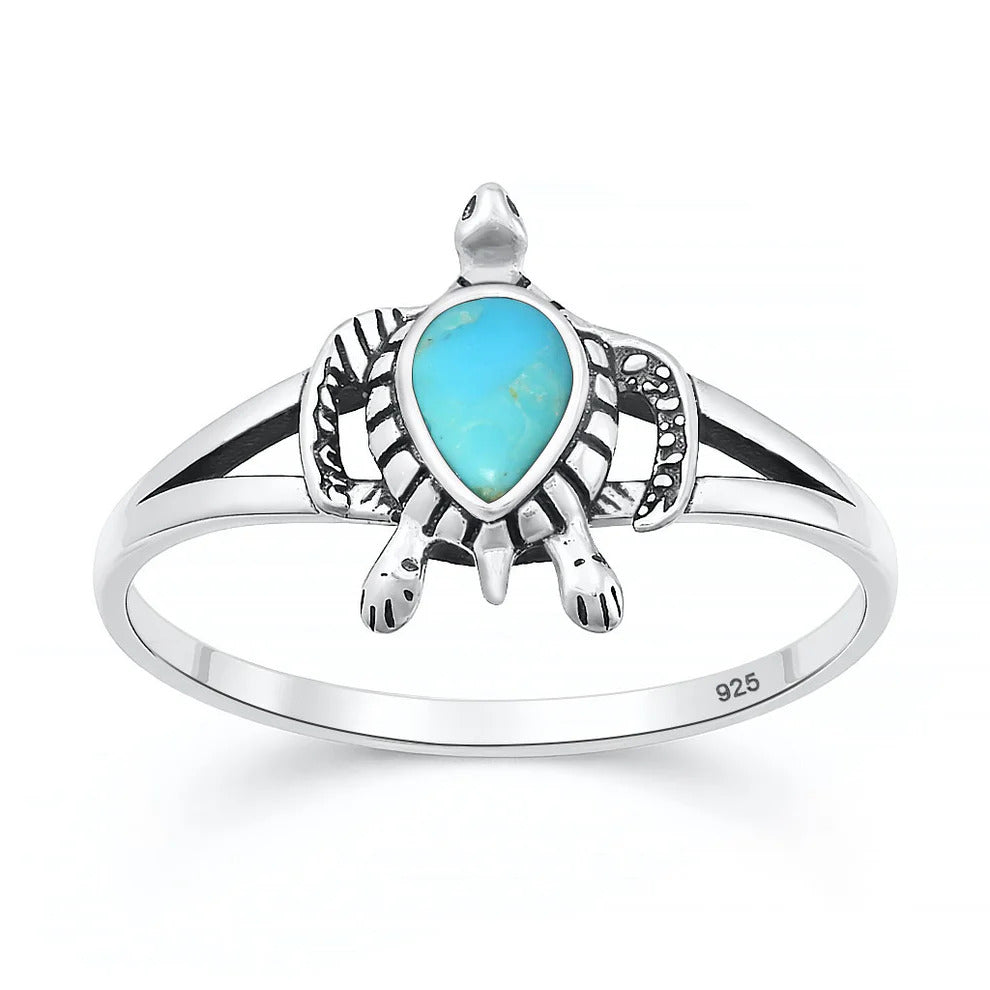 Sterling Silver Oxidized And Polished 13mm Turtle Turquoise Stone Ring