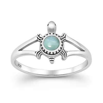 Sterling Silver Oxidized And Polished Turtle Larimar Stone Ring