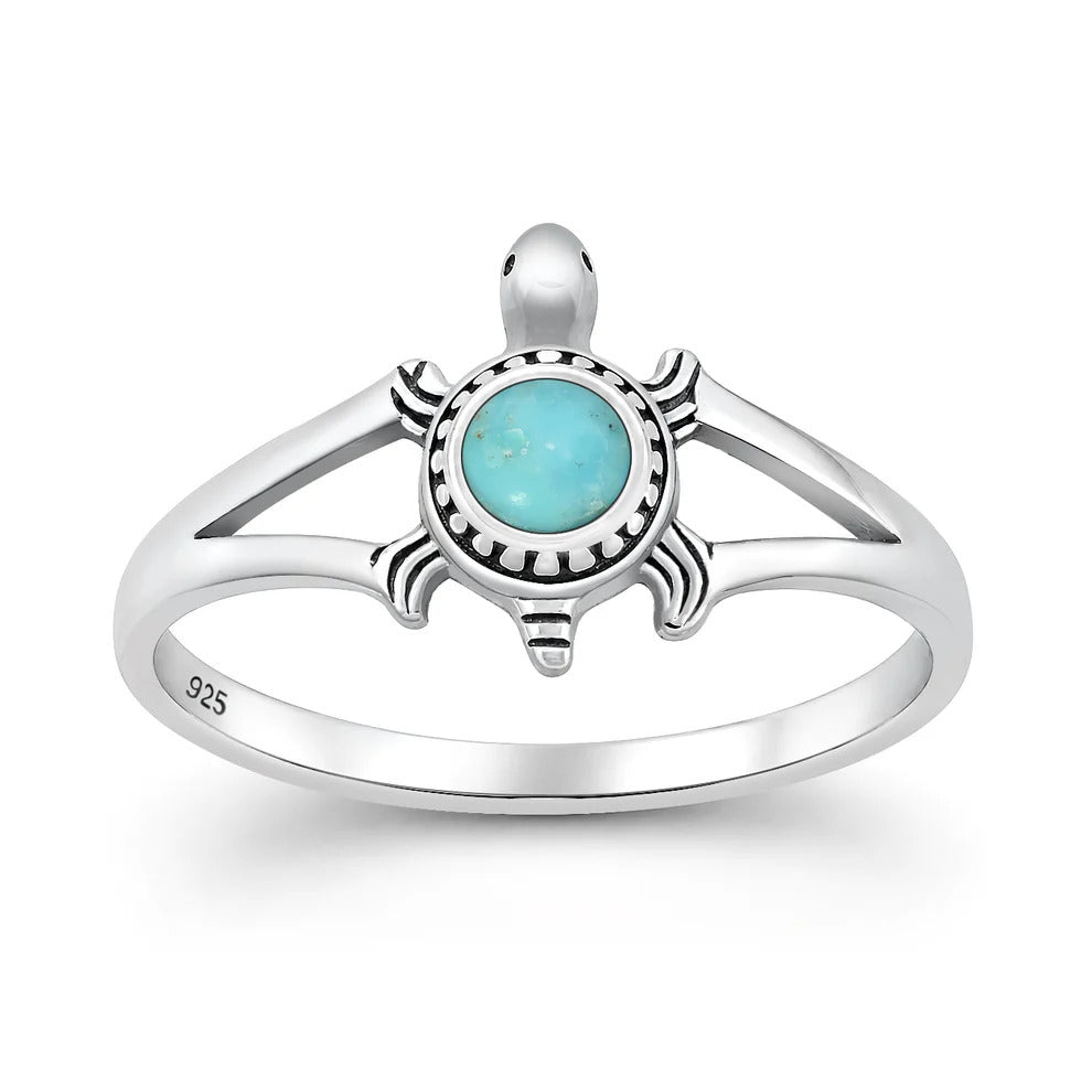 Sterling Silver Oxidized And Polished Turtle Turquoise Stone Ring