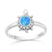 Load image into Gallery viewer, Sterling Silver Oxidized And Polished 13mm Blue Lab Opal Turtle Ring