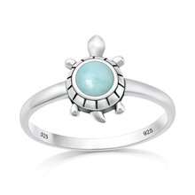 Load image into Gallery viewer, Sterling Silver Oxidized And Polished Turtle Larimar Stone Ring