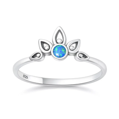 Sterling Silver Oxidized And Polished Lotus Crown Blue Lab Opal Ring