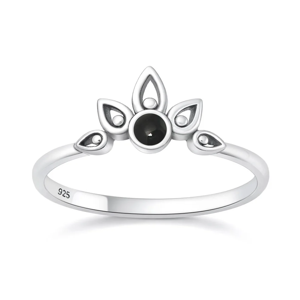 Sterling Silver Oxidized And Polished Lotus Crown Black Onyx Stone Ring