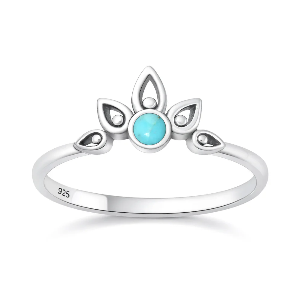 Sterling Silver Oxidized And Polished Lotus Crown Turquoise Stone Ring