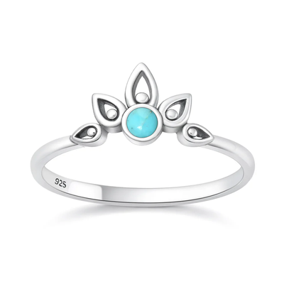 Sterling Silver Oxidized And Polished Lotus Crown Turquoise Stone Ring