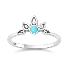 Sterling Silver Oxidized And Polished Lotus Crown Turquoise Stone Ring