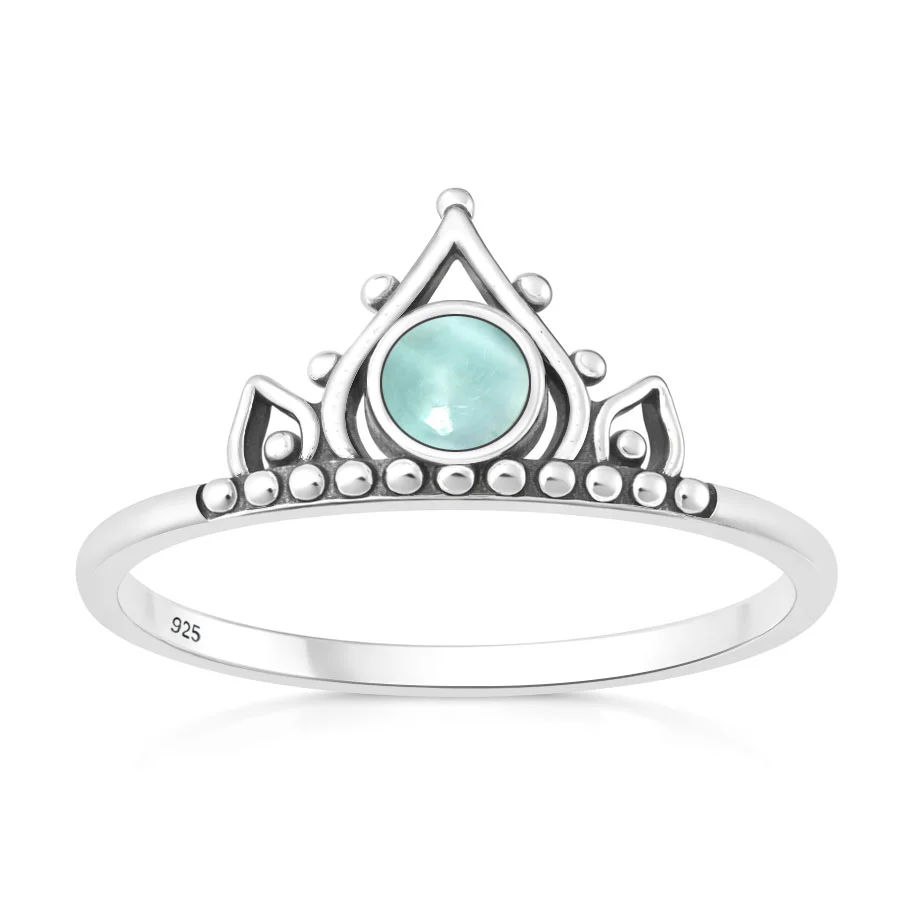 Sterling Silver Oxidized And Polished Boho Crown Larimar Stone Ring
