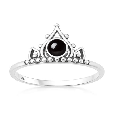 Sterling Silver Oxidized And Polished Boho Crown Black Agate Stone Ring