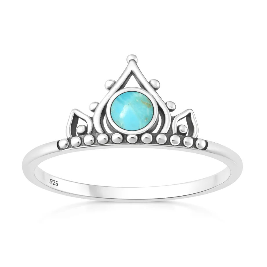 Sterling Silver Oxidized And Polished Boho Crown Turquoise Stone Ring