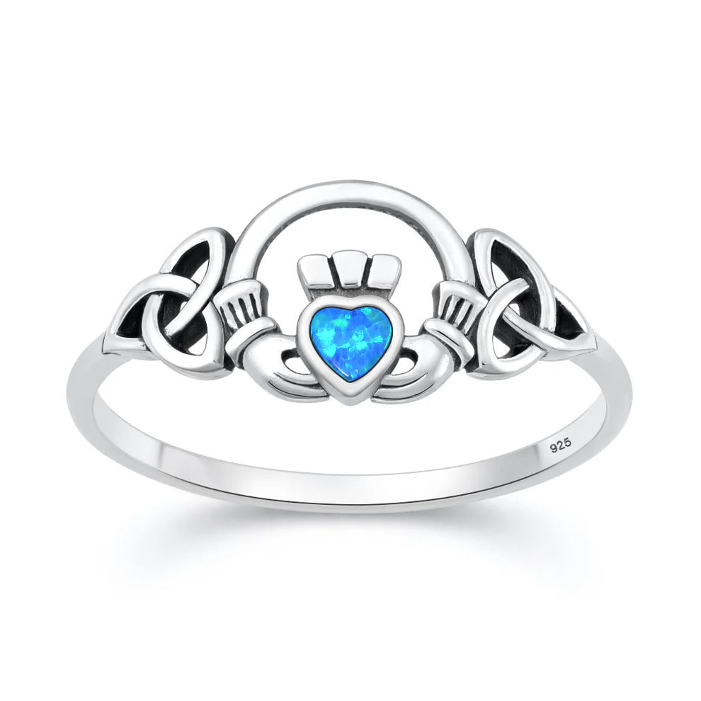 Sterling Silver Oxidized And Polished Claddagh Blue Lab Opal Ring