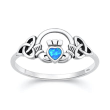 Load image into Gallery viewer, Sterling Silver Oxidized And Polished Claddagh Blue Lab Opal Ring