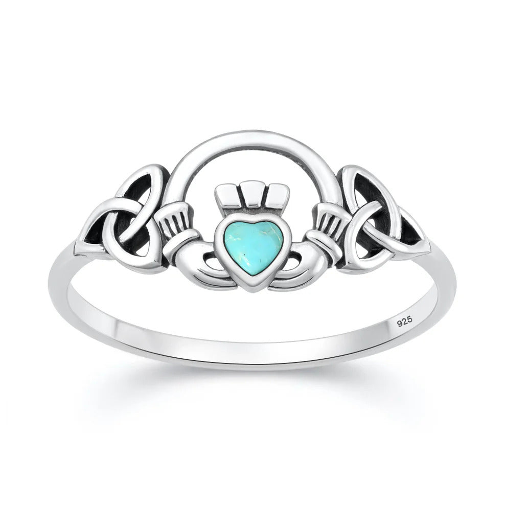 Sterling Silver Oxidized And Polished Turquoise Stone Claddagh Ring