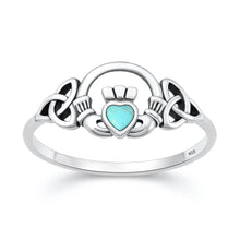 Load image into Gallery viewer, Sterling Silver Oxidized And Polished Turquoise Stone Claddagh Ring