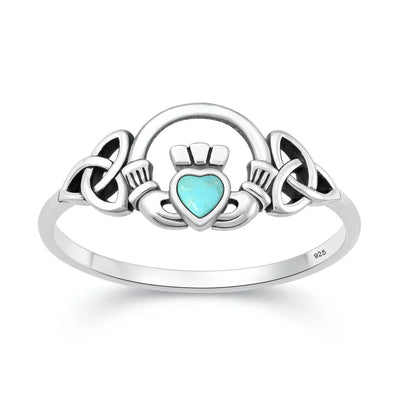 Sterling Silver Oxidized And Polished Turquoise Stone Claddagh Ring