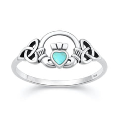Sterling Silver Oxidized And Polished Turquoise Stone Claddagh Ring