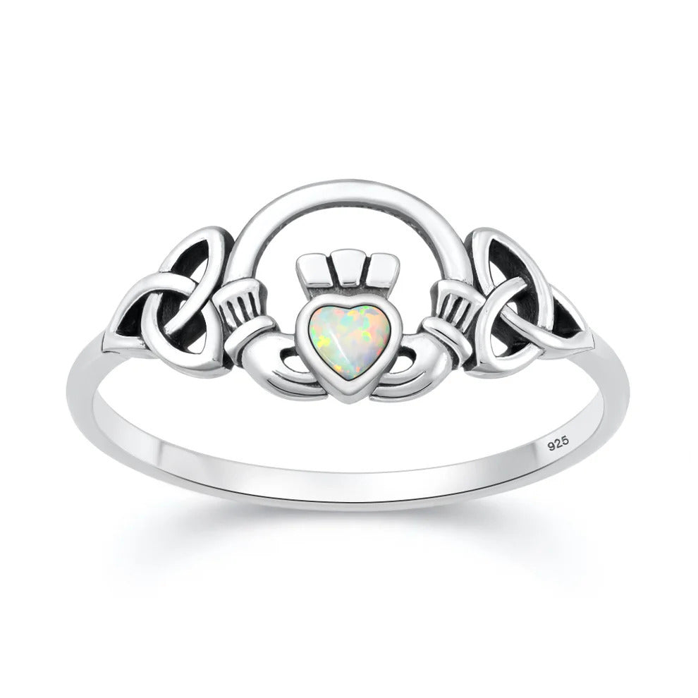 Sterling Silver Oxidized And Polished Claddagh White Lab Opal Ring