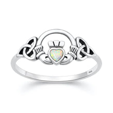 Load image into Gallery viewer, Sterling Silver Oxidized And Polished Claddagh White Lab Opal Ring