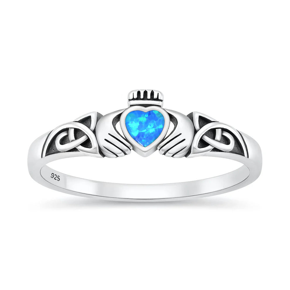Sterling Silver Oxidized And Polished Blue Lab Opal Claddagh Ring