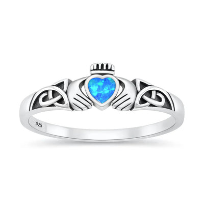 Sterling Silver Oxidized And Polished Blue Lab Opal Claddagh Ring
