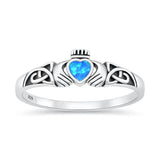 Sterling Silver Oxidized And Polished Blue Lab Opal Claddagh Ring