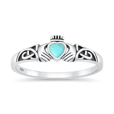 Sterling Silver Oxidized And Polished 6mm Claddagh Turquoise Stone Ring