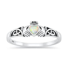 Load image into Gallery viewer, Sterling Silver Oxidized And Polished White Lab Opal Claddagh Ring