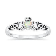 Sterling Silver Oxidized And Polished White Lab Opal Claddagh Ring