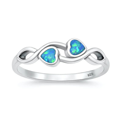 Sterling Silver Oxidized And Polished Blue Lab Opal Hearts Ring