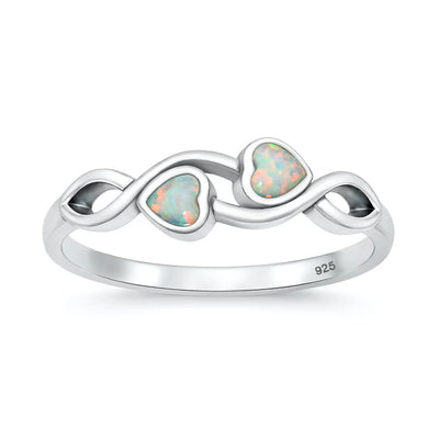 Sterling Silver Oxidized And Polished White Lab Opal Hearts Ring