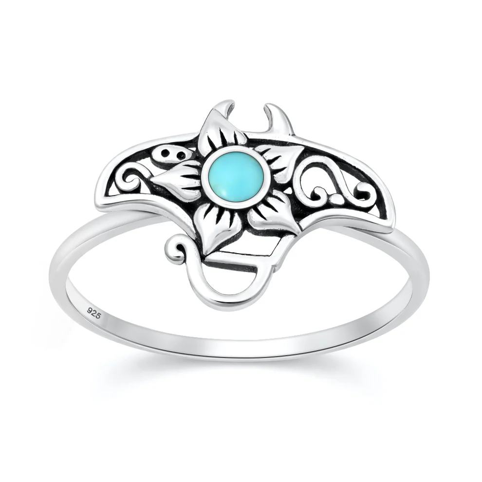Sterling Silver Oxidized And Polished Manta Ray And Flower Turquoise Stone Ring