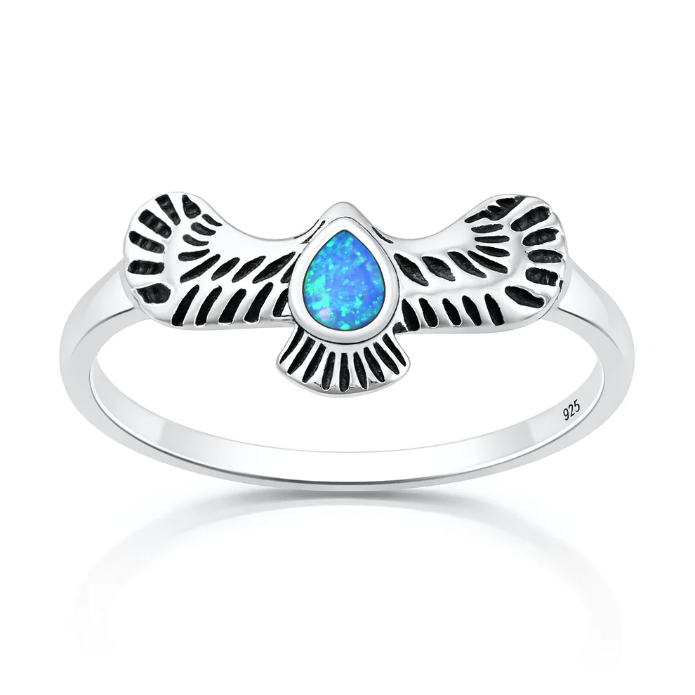 Sterling Silver Oxidized And Polished Eagle Blue Lab Opal Ring