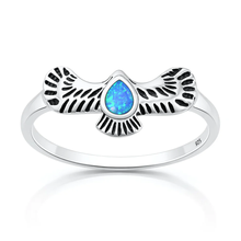 Load image into Gallery viewer, Sterling Silver Oxidized And Polished Eagle Blue Lab Opal Ring