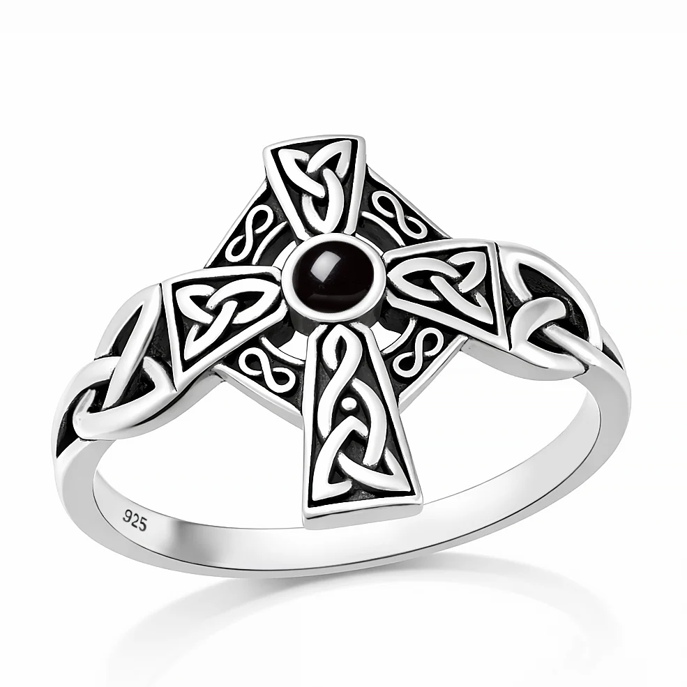 Sterling Silver Oxidized And Polished Celtic Cross Black Onyx Stone Ring