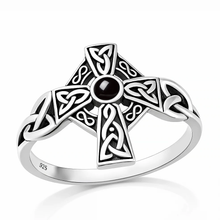 Load image into Gallery viewer, Sterling Silver Oxidized And Polished Celtic Cross Black Onyx Stone Ring