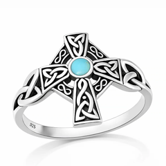 Sterling Silver Oxidized And Polished Manta Ray And Flower Turquoise Stone Ring