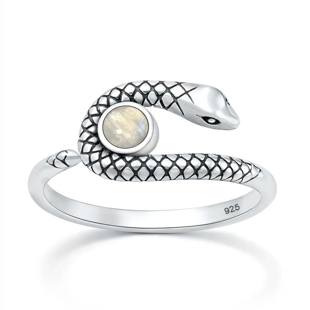 Sterling Silver Oxidized And Polished Snake Moonstone Stone Ring