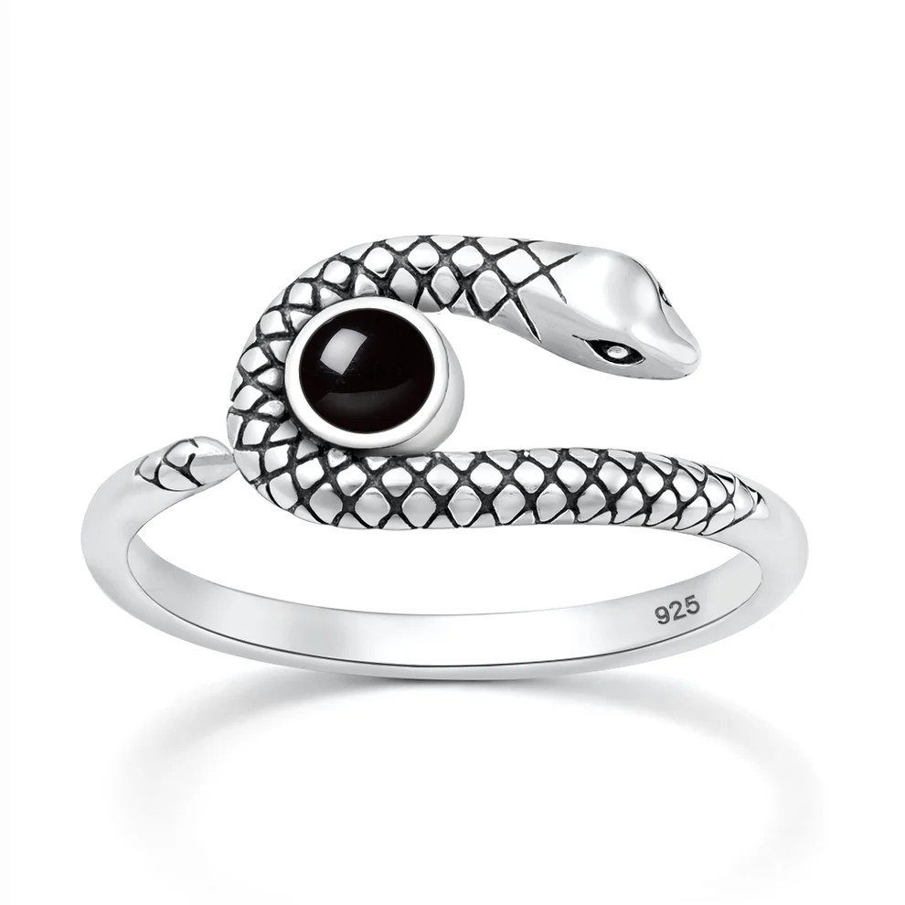 Sterling Silver Oxidized And Polished Snake Black Onyx Stone Ring