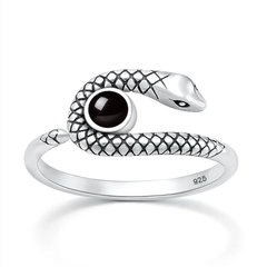 Sterling Silver Oxidized And Polished Snake Black Onyx Stone Ring